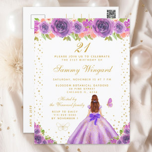 Cartão Postal Purple Floral Brown Hair Princess Festa de anivers
