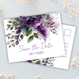 Cartão Postal Purple Floral Modern Botanic Boho Salvar A Data