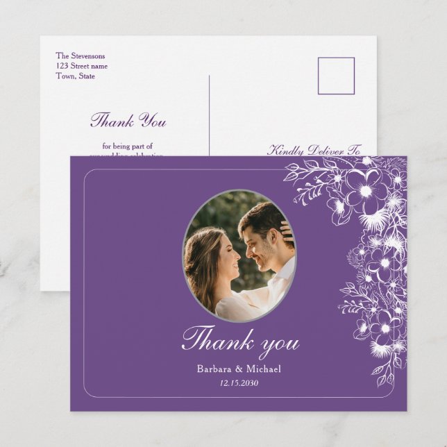 Cartão Postal Purple Floral Photo Wedding Thank You (Frente/Verso)