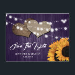 Cartão Postal Purple Sunflower Wood Burlap Hearts Lights Wedding<br><div class="desc">Purple and sunflower wedding save the date postcard featuring sunflowers,  string lights and burlap hearts against a rustic wood background.</div>