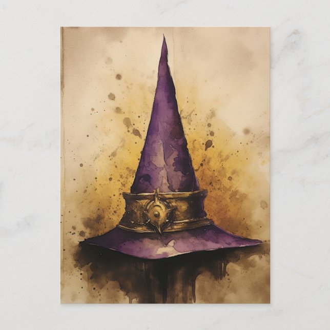 Cartão Postal Purple Witch Hat Watercolor (Frente)