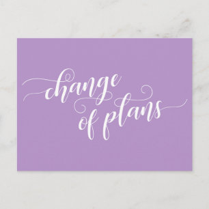 Cartão Postal Púrpura Elegante Mudança de Planos Adiada Casament