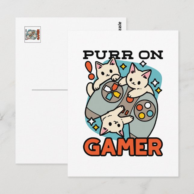 Cartão Postal Purr On Gamer - Design de Gamer Gatinho Fofo (Frente/Verso)