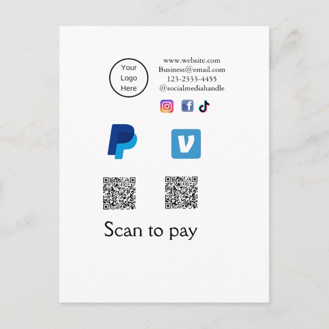 Cartão Postal Q R código PayPal varrimento venmo pagamento adici (Frente)