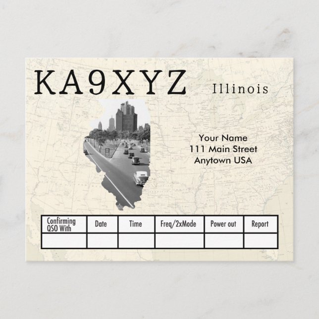 Cartão Postal QSL Personalizado de Recorte em Forma de Illinois (Frente)