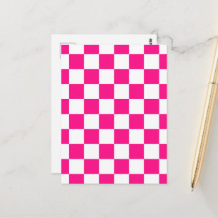 Cartão Postal Quadrados xadrez rosa quente branco geométrico ret