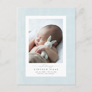 Cartão Postal Quadro texturizado azul suave novo anúncio do bebê