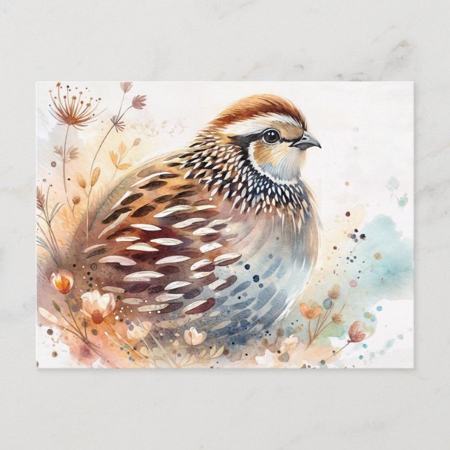 Cartão Postal Quail Watercolor Botanical (Frente)