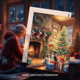 Cartão Postal Quarto decorado festivamente, lareira, cães, vinta