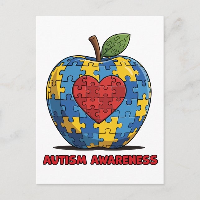 Cartão Postal Quebra-cabeça da Conscientização do Autismo Maçã C (Frente)