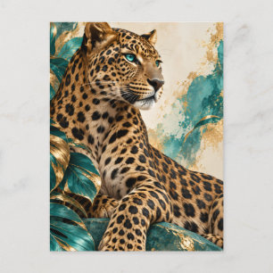 Cartão Postal Quebra-cabeça de Leopardo Luxuoso em Azul Turquesa