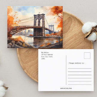 Cartão Postal Queda em NY / Watercolor Brooklyn Bridge