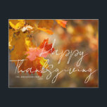 Cartão Postal queda rústica deixa feliz ação de graças<br><div class="desc">folhas do outono e guião de Ação de Graças branco. O texto pode ser personalizado.</div>