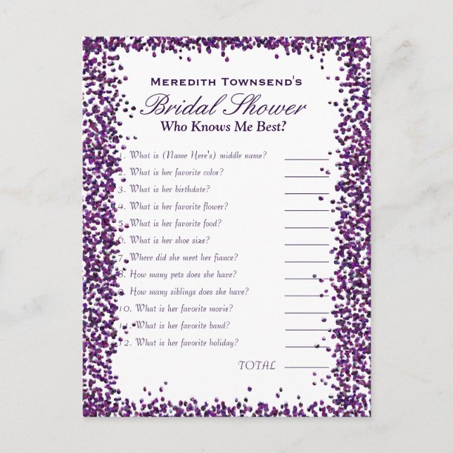 Cartão Postal Quem é o Jogo Mim do Conhecimento | Purple Confett (Frente)