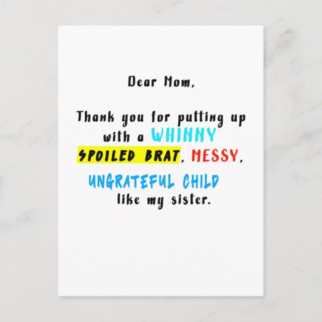 Cartão Postal Querida Mamãe Obrigado Por Aturar Uma Criança Mima (Frente)