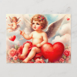 Cartão Postal Querubim Antigo com Rosas Cor-de-Rosa