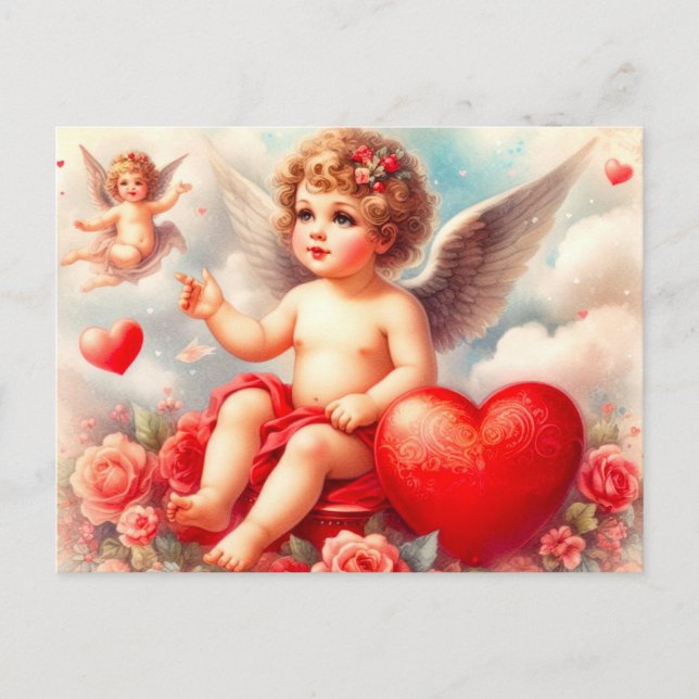 Cartão Postal Querubim Antigo com Rosas Cor-de-Rosa  (Frente)