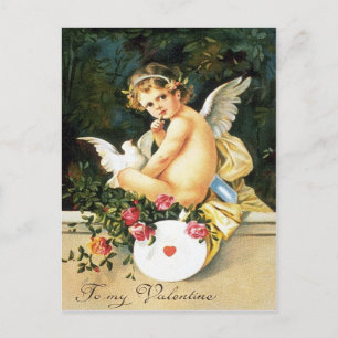 Cartão Postal Querubim Cupido Pombo Rosa Coração
