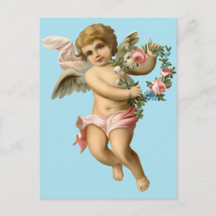 Cartão Postal Querubim de Bebê Antigo com Flores