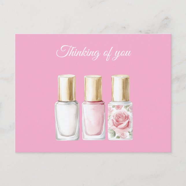 Cartão Postal Quic Pink Rose Floral Nail Polonês Pensando em voc (Frente)