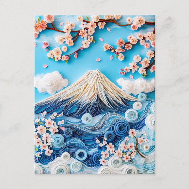 Cartão Postal Quilling Monte Fuji com Flores de Cerejeira (Frente)