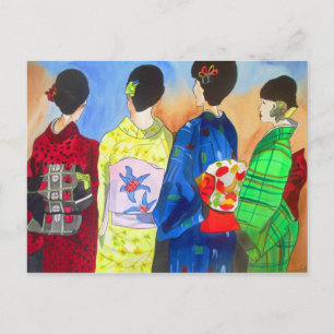 Cartão Postal Quimono de Primavera Arte Japonesa Geisha aquarela