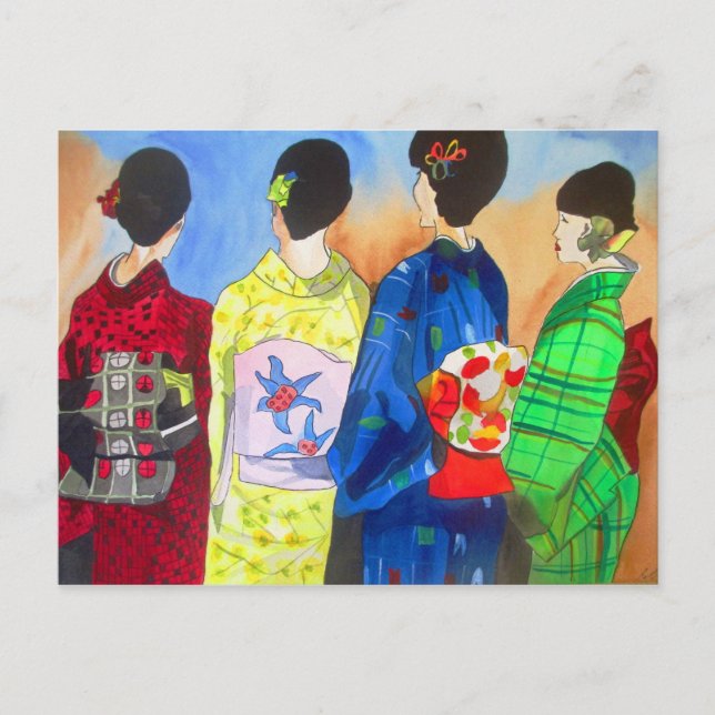 Cartão Postal Quimono de Primavera Arte Japonesa Geisha aquarela (Frente)
