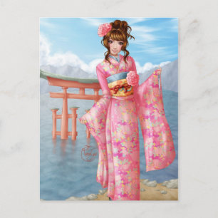 Cartão Postal quimono rosa japonês