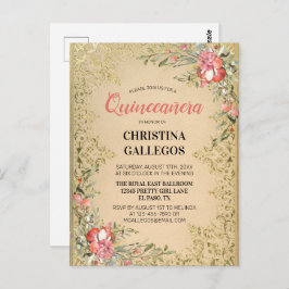 Cartão Postal Quinceanera Floral Clássica Vintage Dourada Rosa