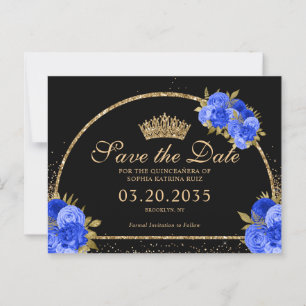 Cartão Postal Quinceanera Floral Dourada Azul Real Preta