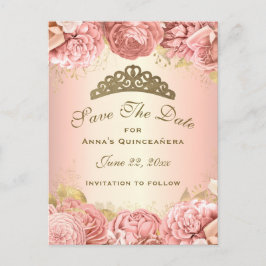 Cartão Postal Quinceanera Floral Dourada Elegante Salva A Data