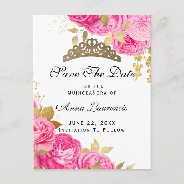 Cartão Postal Quinceanera Floral Elegante Rosa, Salva A Data (Frente)
