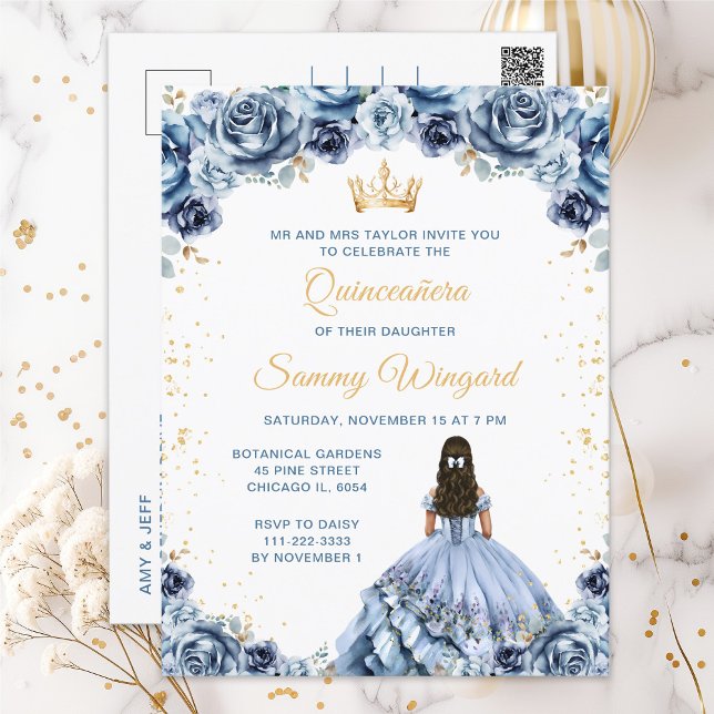 Cartão Postal Quinceañera Floral Princesa em Azul Poente (Criador carregado)