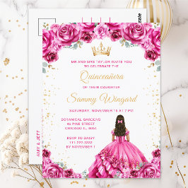 Cartão Postal Quinceañera Floral Princesa Rosa Quente