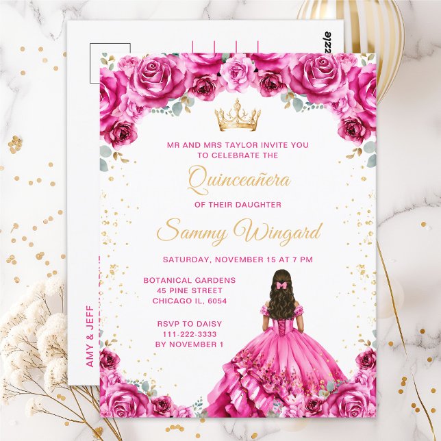 Cartão Postal Quinceañera Floral Princesa Rosa Quente (Criador carregado)