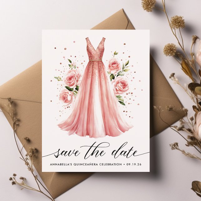 Cartão Postal Quinceañera Floral Rosa Dourado Vestido Salve A Da (Criador carregado)
