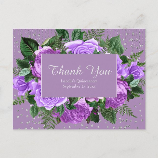 Cartão Postal Quinceañera Purple Flowers Obrigado Silver Glitter (Frente)