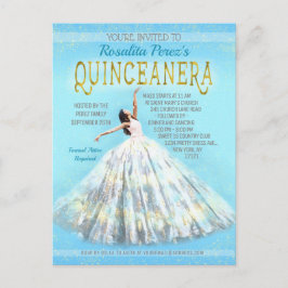Cartão Postal Quinceanera Watercolor Vestido Real Rico Azul