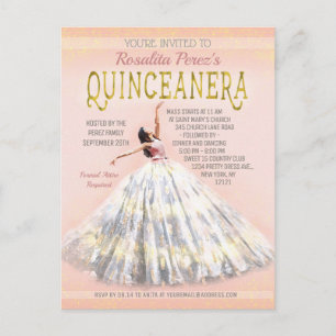 Cartão Postal Quinceanera Watercolor Vestir Linho Dourado Rosa