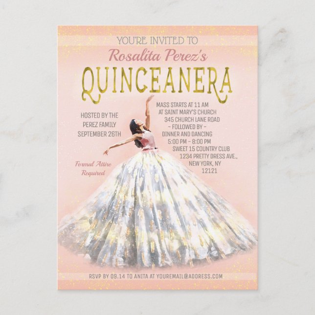 Cartão Postal Quinceanera Watercolor Vestir Linho Dourado Rosa (Frente)