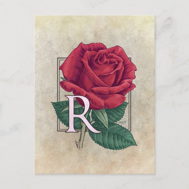 Cartão Postal R para Monograma da Flor Rosa (Frente)