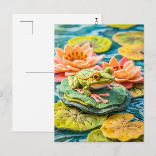 Cartão Postal Rã Verde em Folhas de Lótus em Lago (Frente/Verso)
