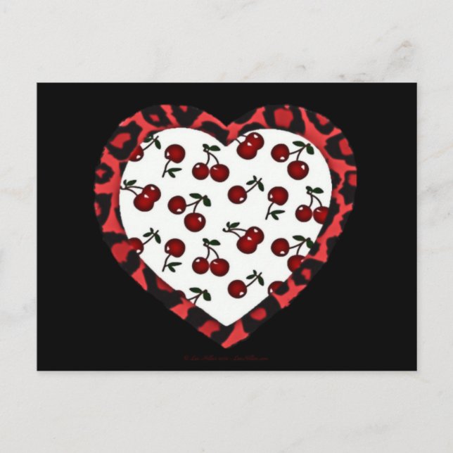 Cartão Postal RAB Rockabilly Cherries Leopard Print Heart (Frente)