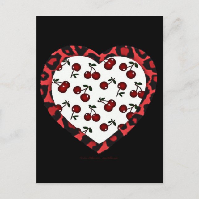 Cartão Postal RAB Rockabilly Cherries Leopard Print Heart (Frente)