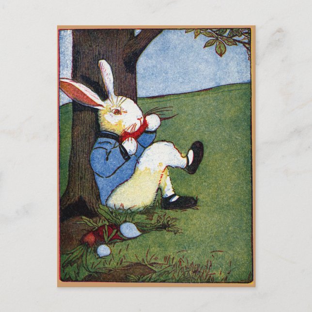 Cartão Postal Rabbit comendo vegetais sob árvore (Frente)