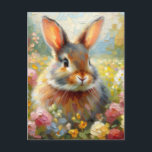 Cartão Postal Rabbit in Floral Field Spring Artwork<br><div class="desc">This wildlife postcard features a lightly impressionistic oil painting of a fat bunny rabbit in a field or meadow with beautiful blooming flowers in a variety of colors. The blooms are in shades of pink and yellow, with some white and light blue, making the palette perfect for spring and Easter...</div>