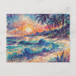 Cartão Postal Rabiscos de Praia - Paisagem em Estilo de Arte Lin