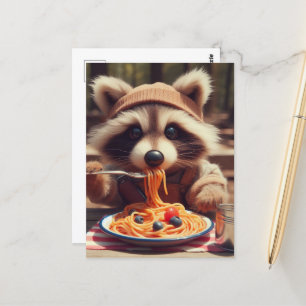 Cartão Postal Raccoon Adorável Come Espaghetti