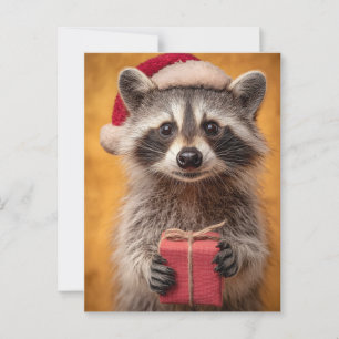 Cartão Postal Raccoon Adorável em Santa Chapéu Segurando Present