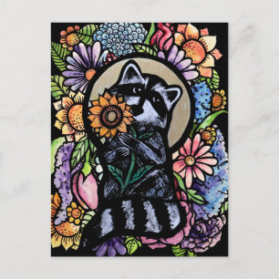 Cartão Postal Raccoon Art Flower Raccoons Design com girassol